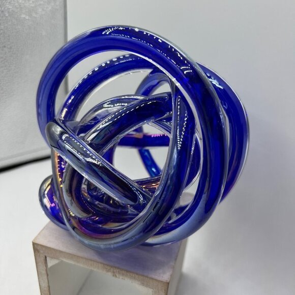 Hand Blown Dark Blue/Glossy "Tangled Knot" Abstract Art Glass Sculpture Paperwei - Picture 6 of 10